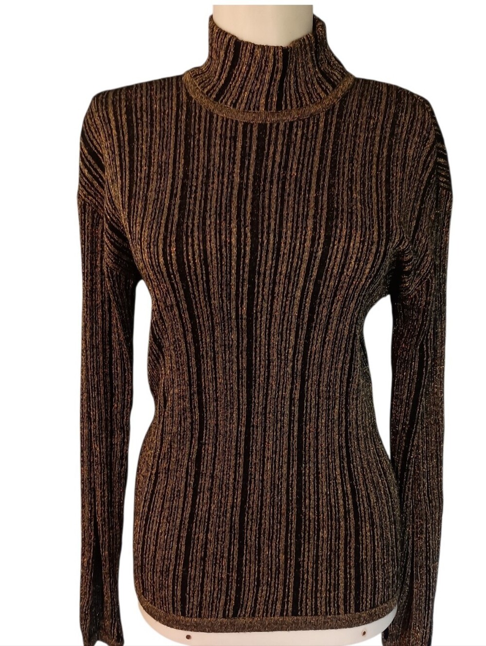 Gold Metallic Vintage 70's Women Sweater Mock Neck Hong Kong Stretch Club Disco